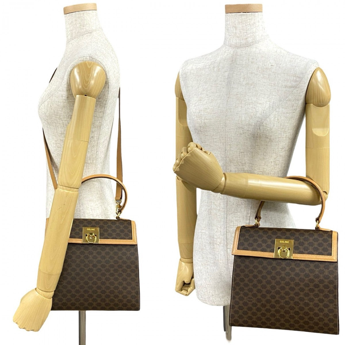 CELINE Shoulder Bag Leather, PVC Brown Macadam Blason Triomphe Pattern logo ring Metal Women