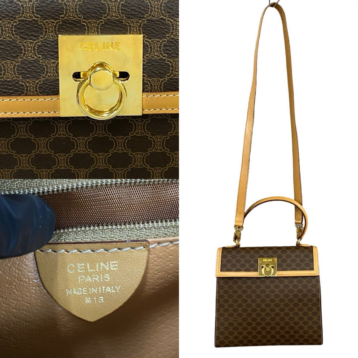CELINE Shoulder Bag Leather, PVC Brown Macadam Blason Triomphe Pattern logo ring Metal Women