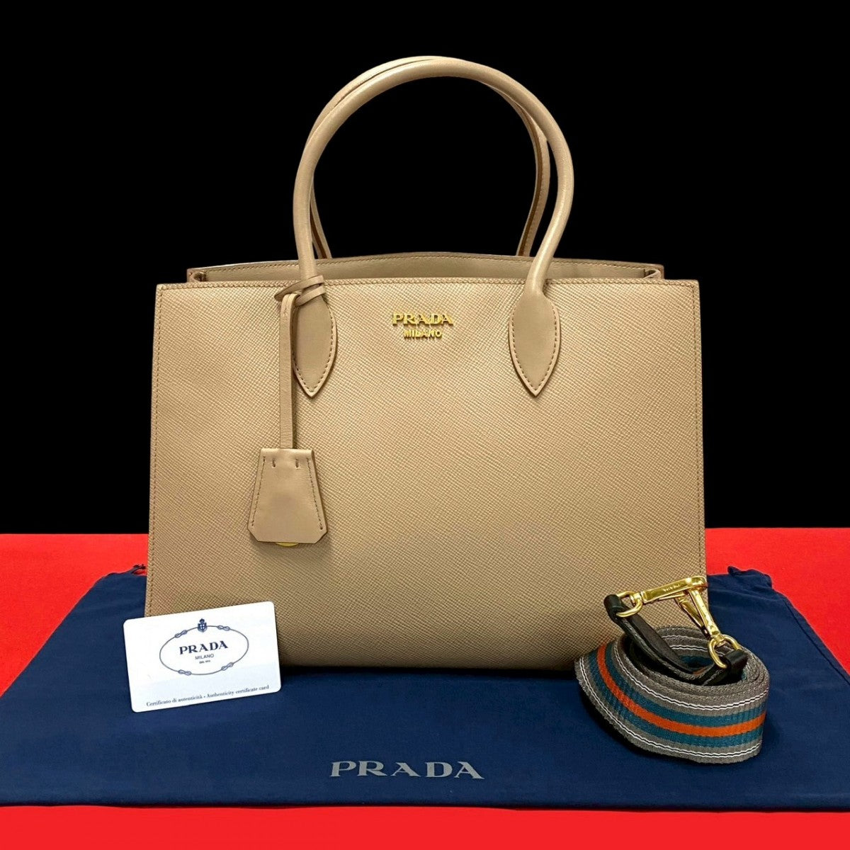 PRADA Shoulder Bag leather beige logo Metal Bibliotheque Women