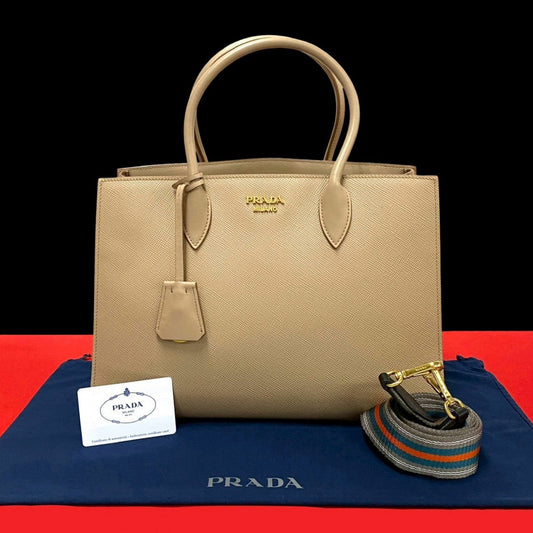 PRADA Shoulder Bag leather beige logo Metal Bibliotheque Women