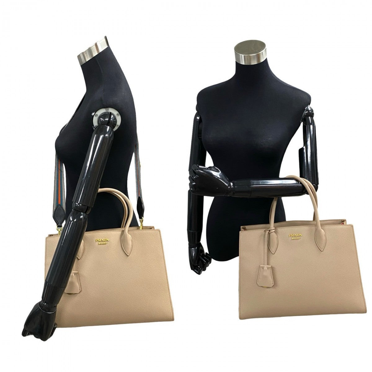 PRADA Shoulder Bag leather beige logo Metal Bibliotheque Women