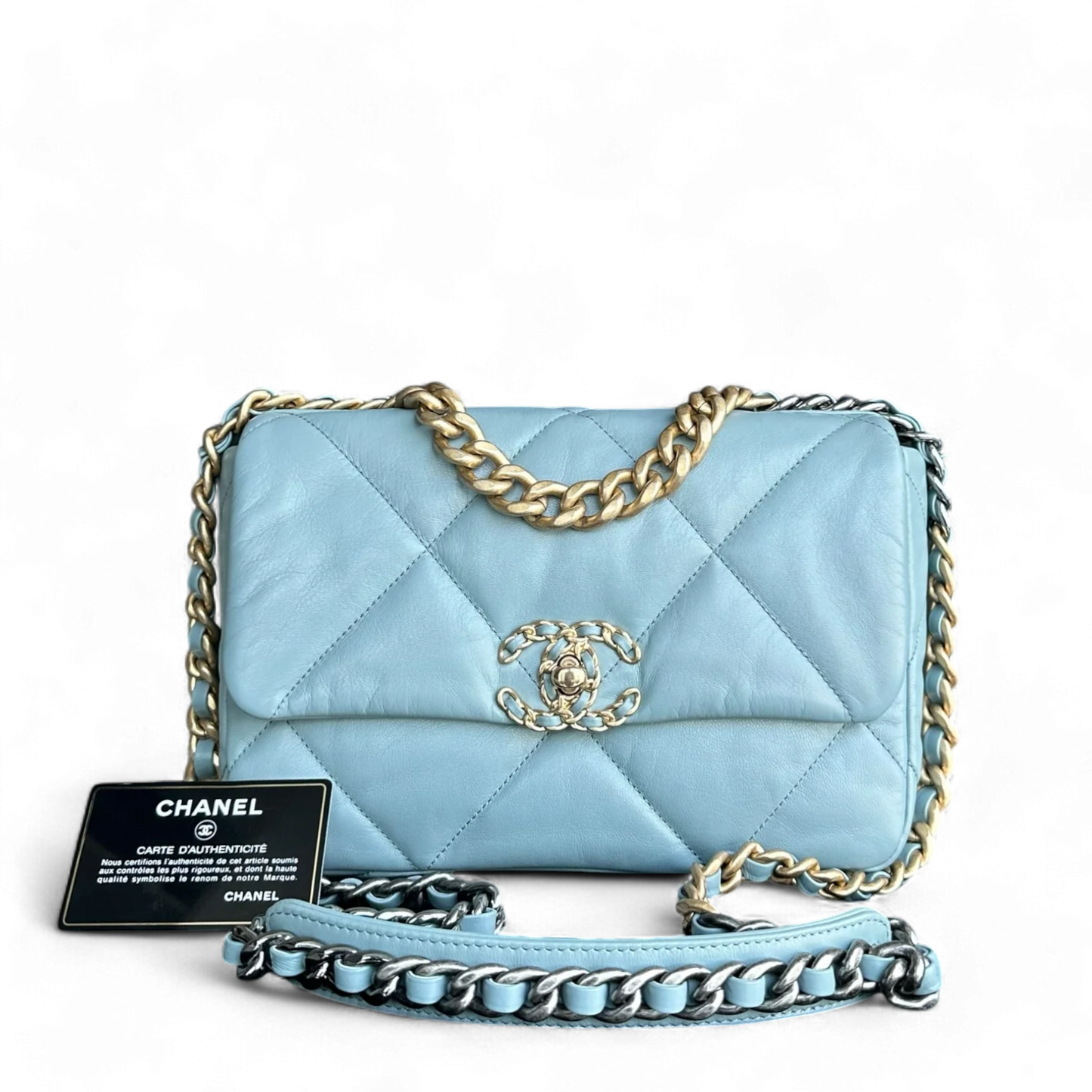 Chanel C19 Small 19 Bag Quilted Goatskin Light Blue Two Tone Hardware Series 30