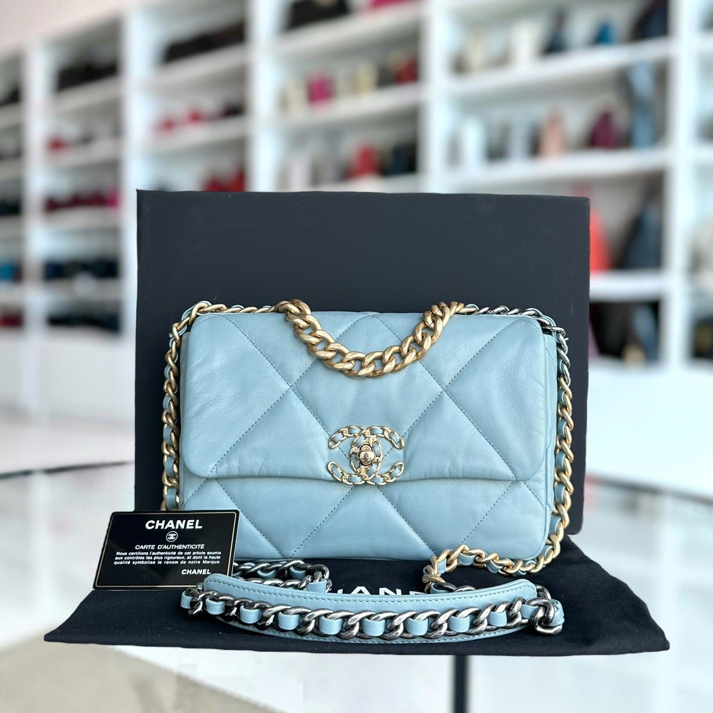 Chanel C19 Small 19 Bag Quilted Goatskin Light Blue Two Tone Hardware Series 30