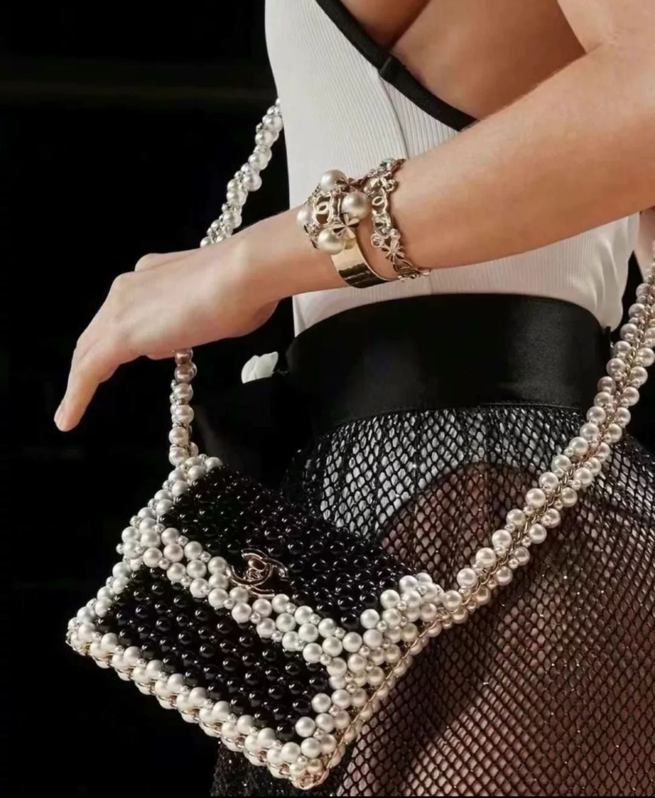 Rare CHANEL 2022 SS BLACK & WHITE FAUX PEARLS LARGE FLAP EVENING BAG WITH GOLD HARDWARE