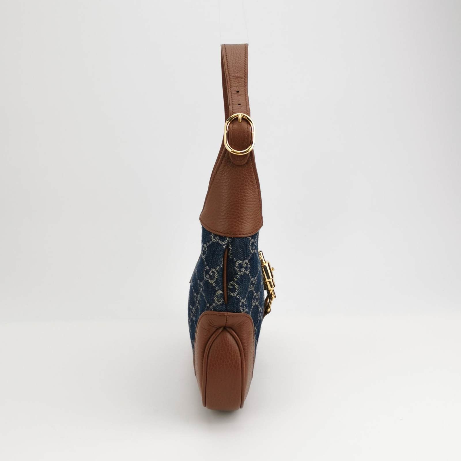 Gucci Jackie 1961 Small Handbag in Blue Monogram Denim and Brown Leather