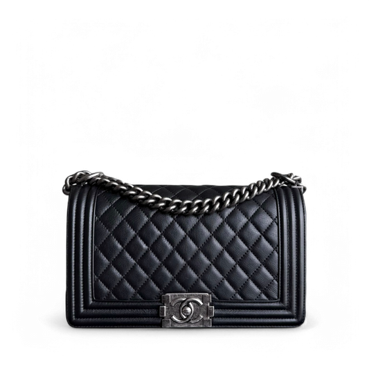 Chanel Boy Medium - 25CM Quilted Calfskin Black Ruthenium Silver Hardware
