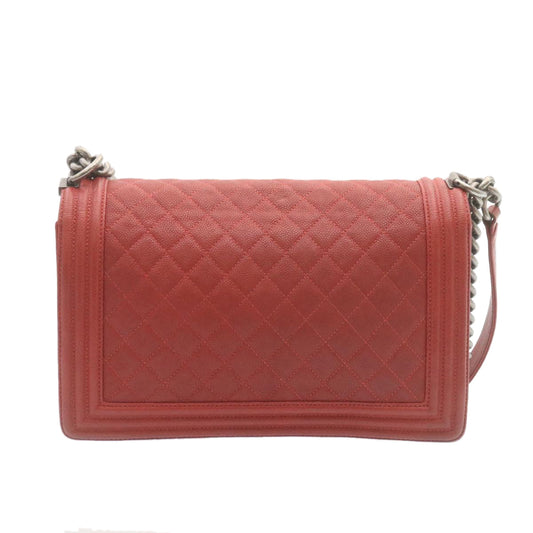 CHANEL Boy Matelasse Chain Flap Shoulder Bag Leather Red CC Auth 28281A