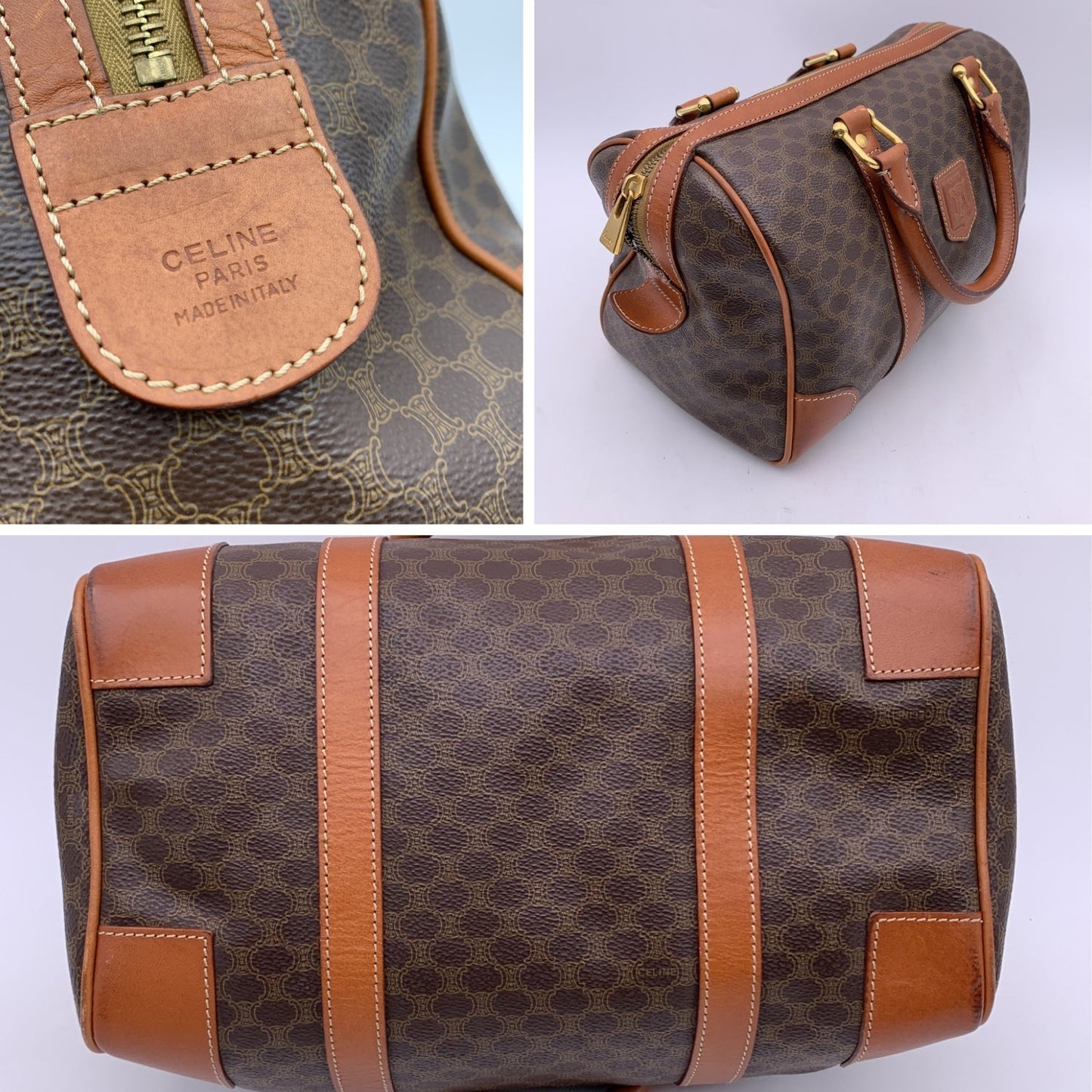 Luxury CELINE Brown Macadam Canvas Boston Bag Duffel Duffle