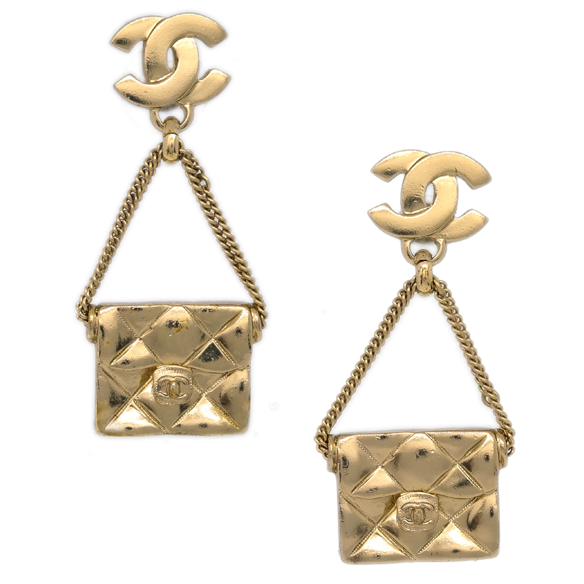 Chanel Bag Dangle Pierced Earrings Gold 02P