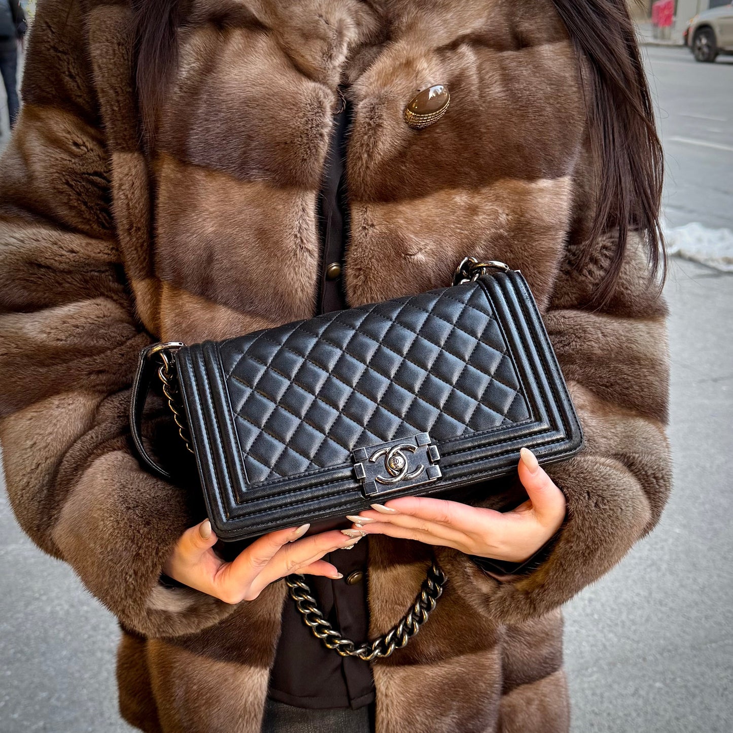 Chanel Medium Black Lambskin Ruthenium Hardware Le Boy Flap Bag