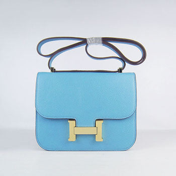 Luxury Hermes Constance Cowskin Leather Bag light blue golden