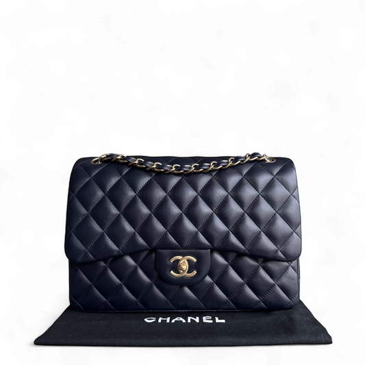 Chanel Classic Flap Jumbo - Double Flap 30CM Quilted Lambskin Dark Blue Gold Hardware Series 20