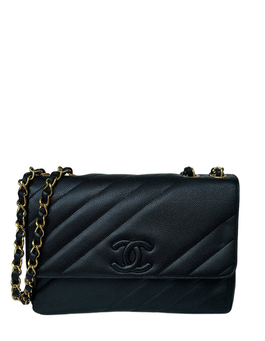 Chanel 1990s Black Caviar Leather Diagonal Quilted CC Flap Bag