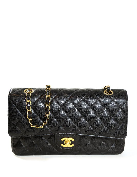 Chanel Black Caviar Leather 10" Medium Double Flap Classic Bag