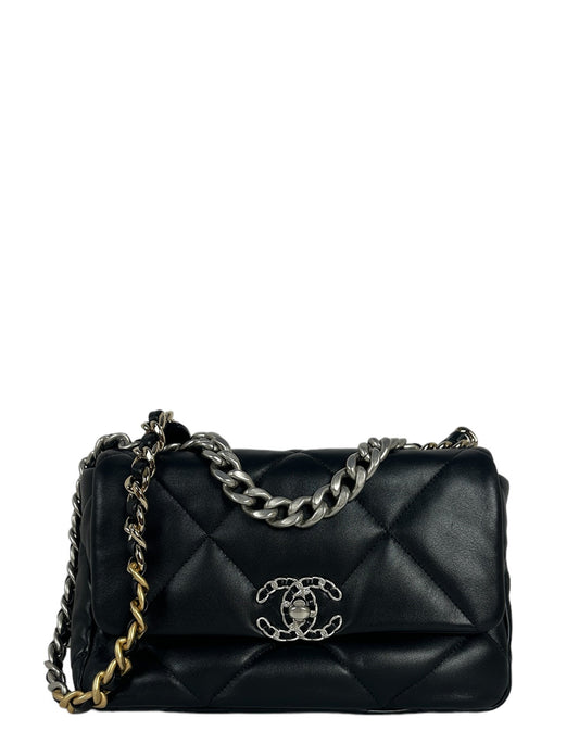 Chanel Silvertone Black Lambskin Quilted Medium 19 Bag