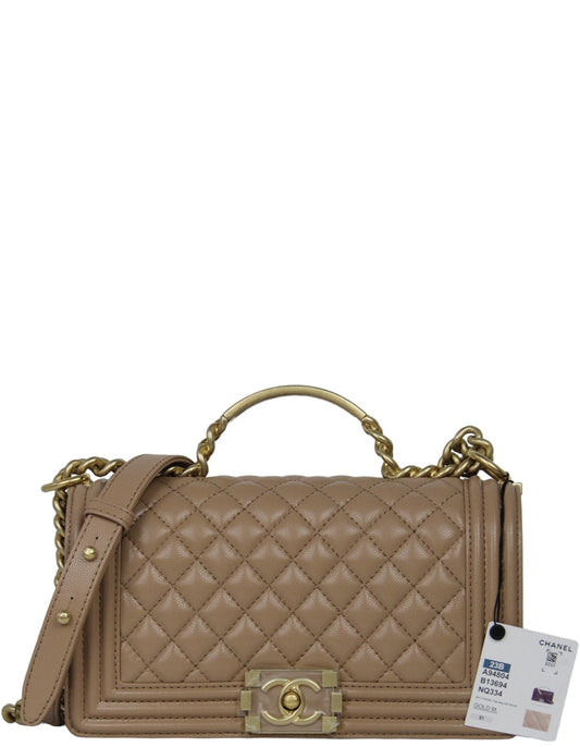 Chanel 2023 NWT Dark Beige Caviar Medium Top Handle Boy Handbag