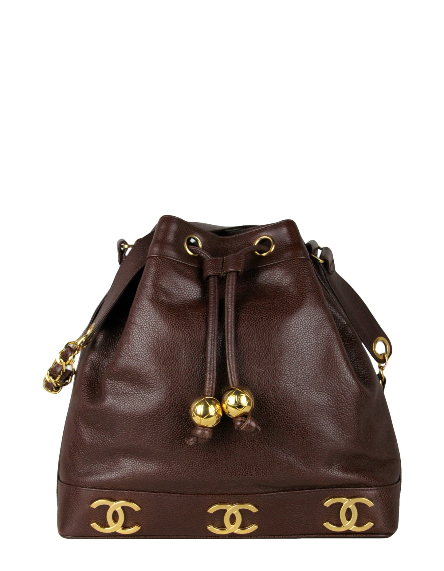 Chanel Brown Logo Caviar Leather Bucket Bag