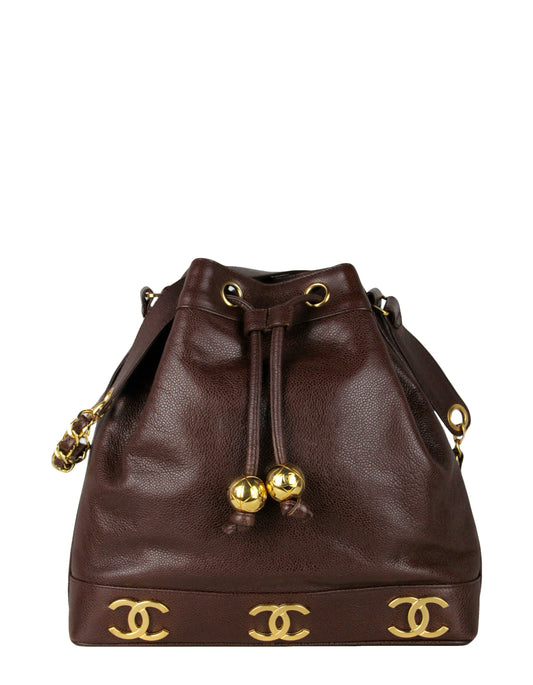 Chanel Brown Logo Caviar Leather Bucket Bag