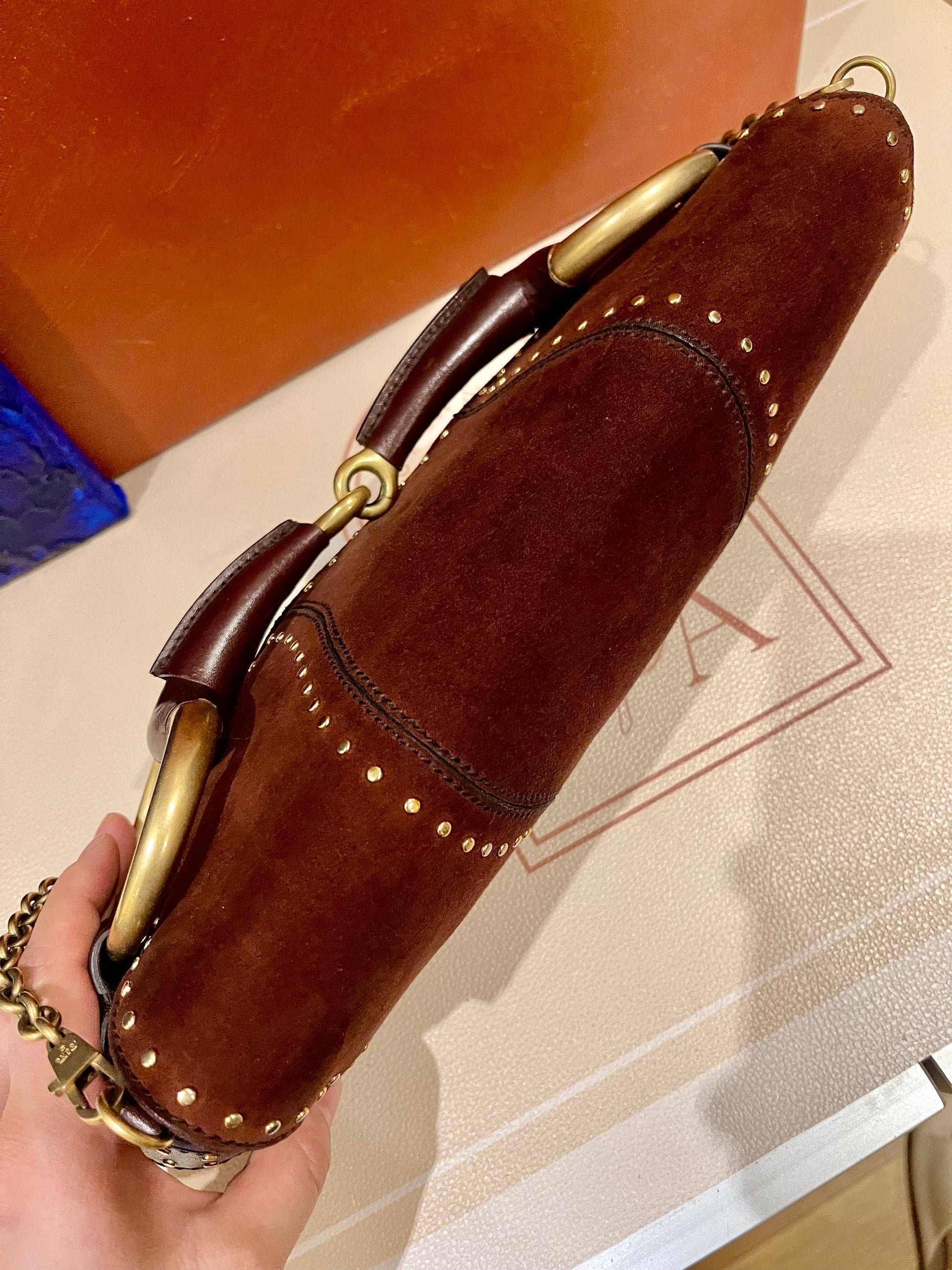 Gucci Horsebit 1955 Chain Suede leather bag in Burgundy with gold studs
