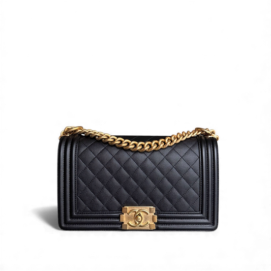 Chanel Boy Medium - Caviar 25CM Quilted Grained Calfskin Black Gold Hardware Series 29