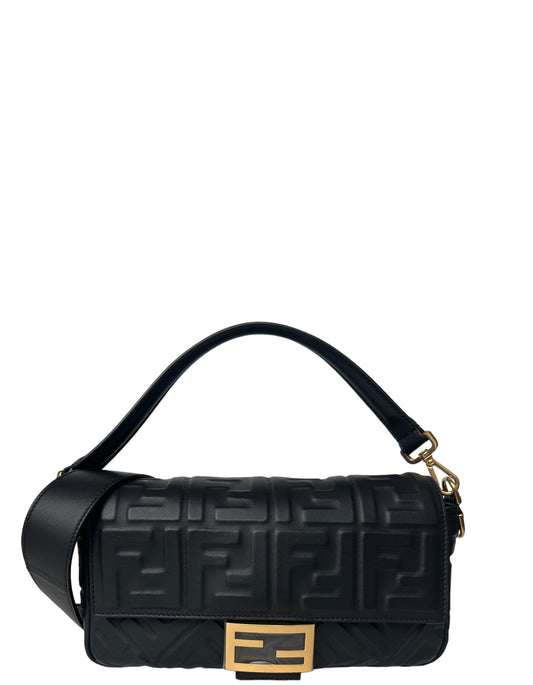 Fendi Black Embossed Logo 1974 Medium Baguette NM Bag