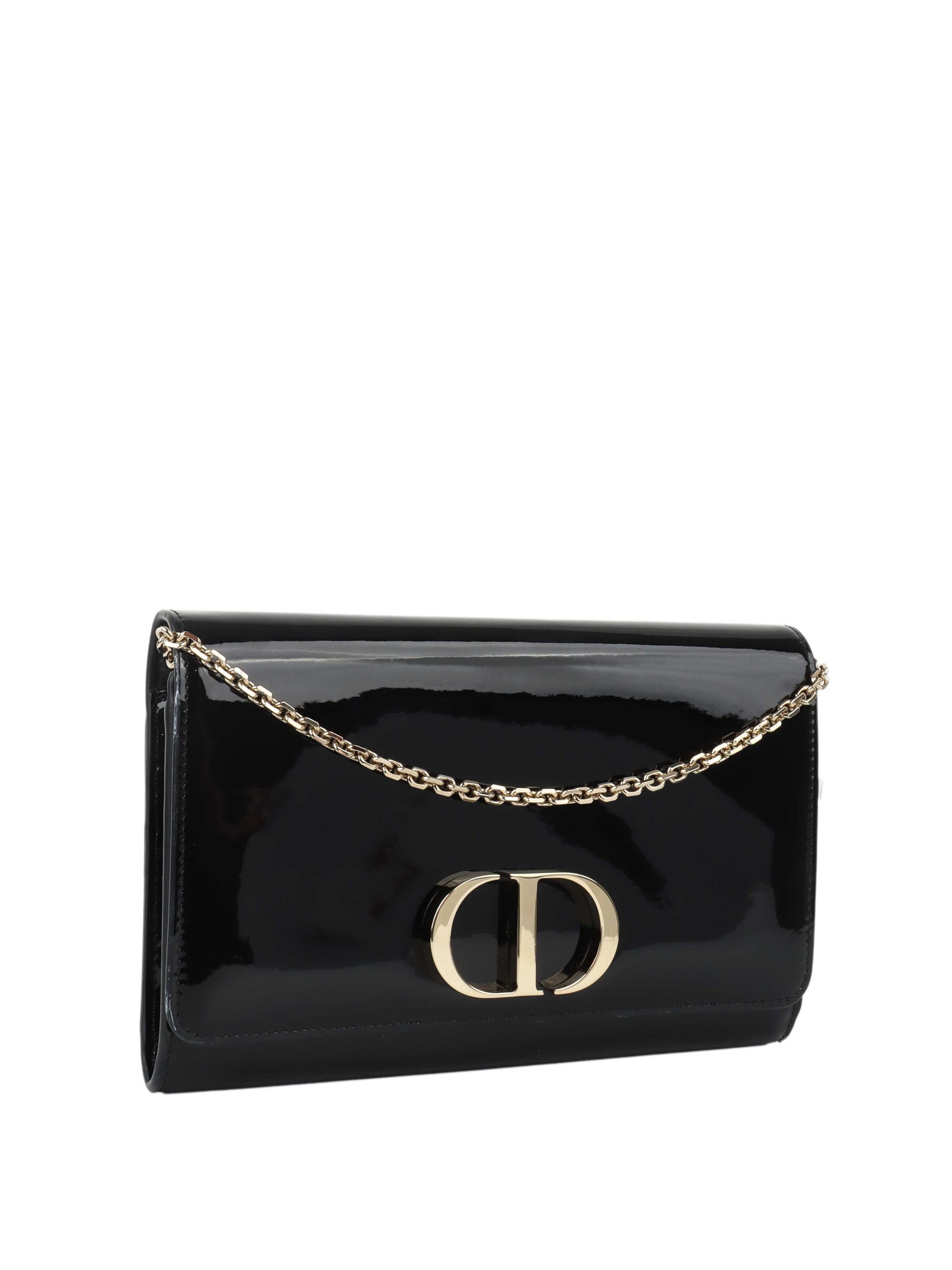 Dior Black Patent Leather 30 Montaigne Chain Clutch.