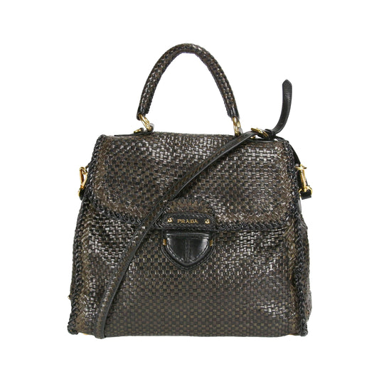 Prada Madras Woven Black/Khaki Goatskin Luxury Handbag