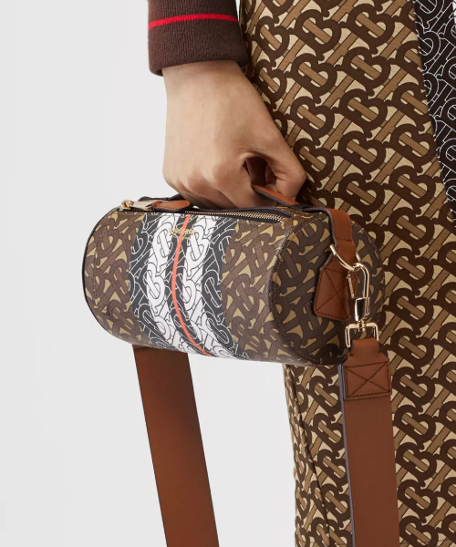 Burberry The Monogram Stripe E-canvas And Leather Barrel Bag Bridle Brown