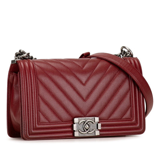 Chanel Boy Chanel 25 V Stitch Chain Shoulder Bag Wine Red Caviar S Chanel
