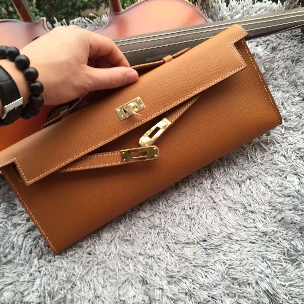 Luxury Hermes Brown Handcrafted Kelly Cut Clutch