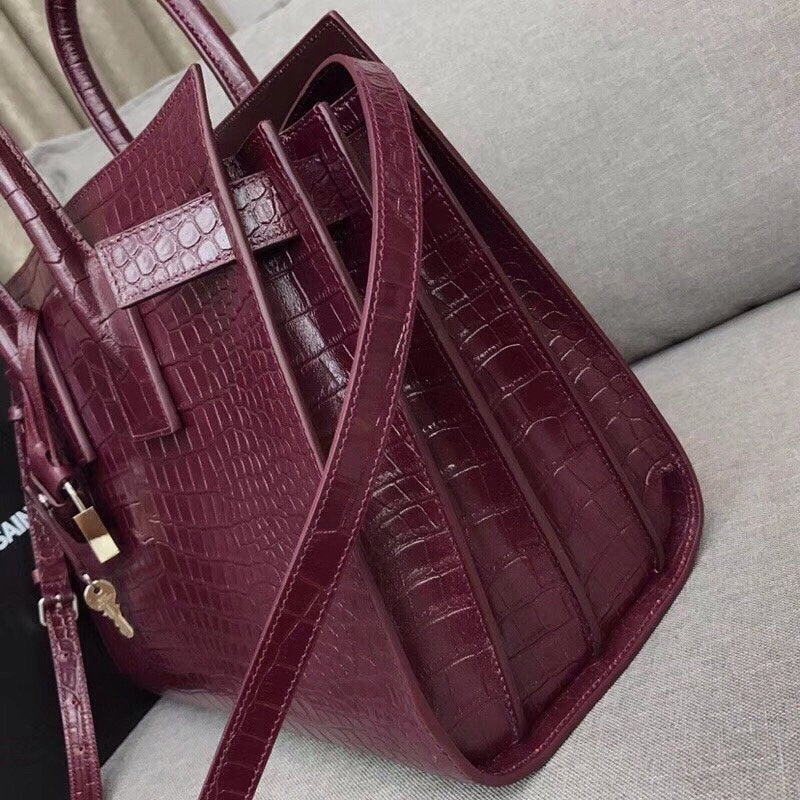 Yves Saint Laurent Sac De Jour Small In Embossed Crocodile Burgundy Luxury Handbag