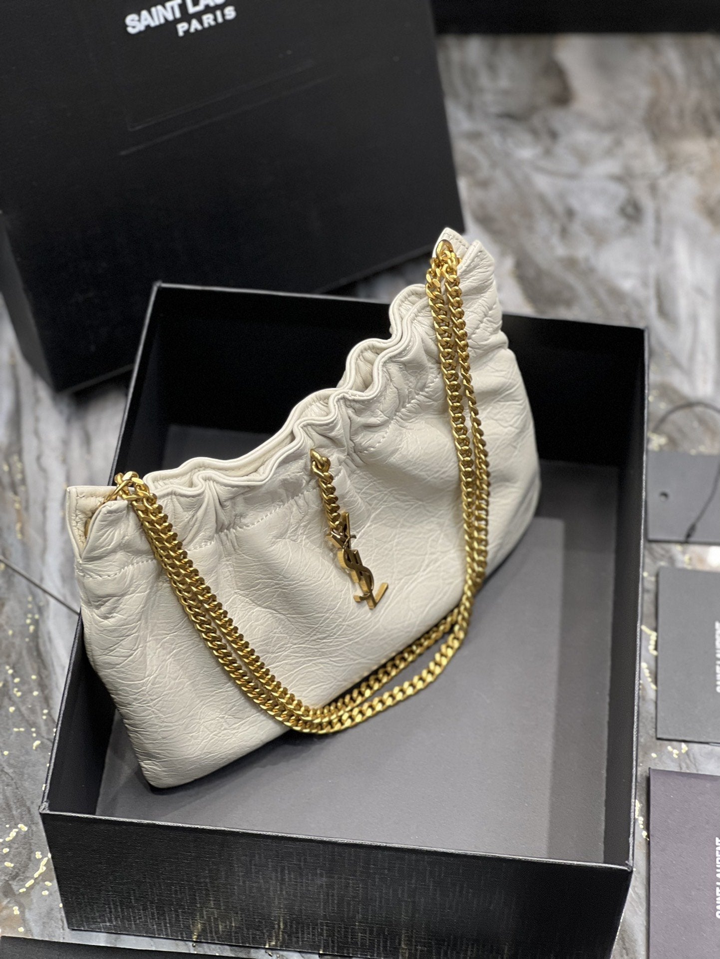 Yves Saint Laurent Hobo Mini Bag White With Bronze Toned Hardware