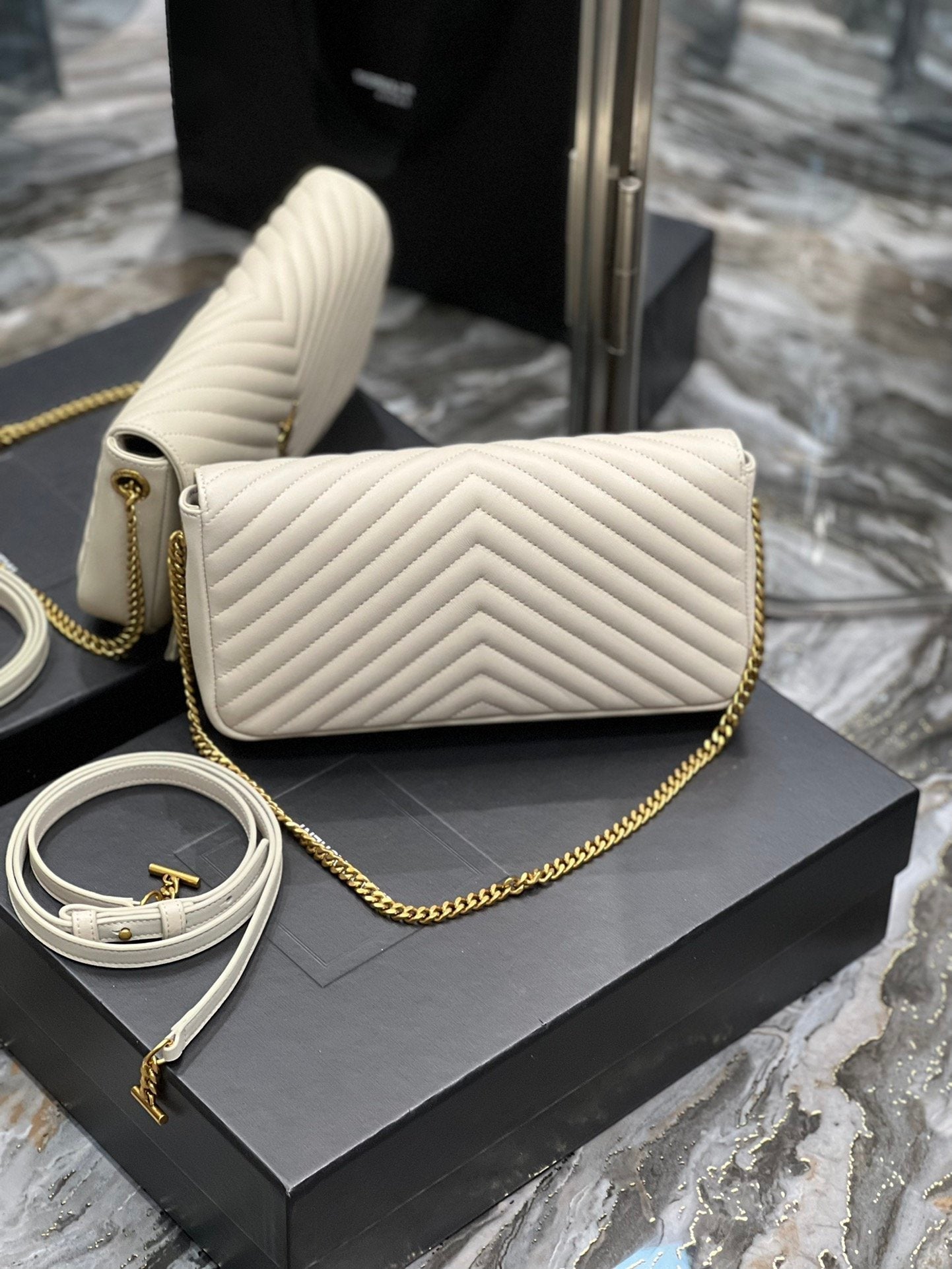 Yves Saint Laurent Kata Chain Bag White With Gold Hardware.2in/