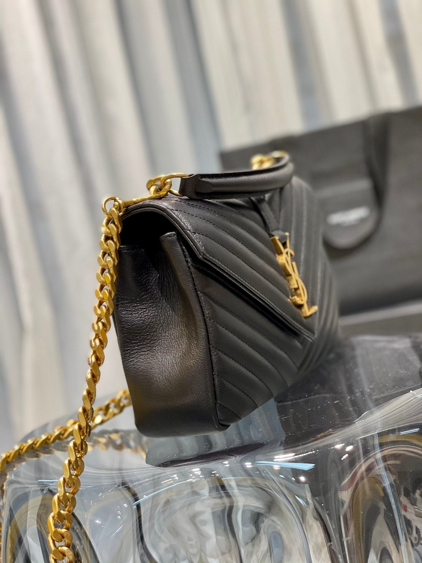 Yves Saint Laurent College Medium Chain Bag Black Gold Toned Hardware.4in/