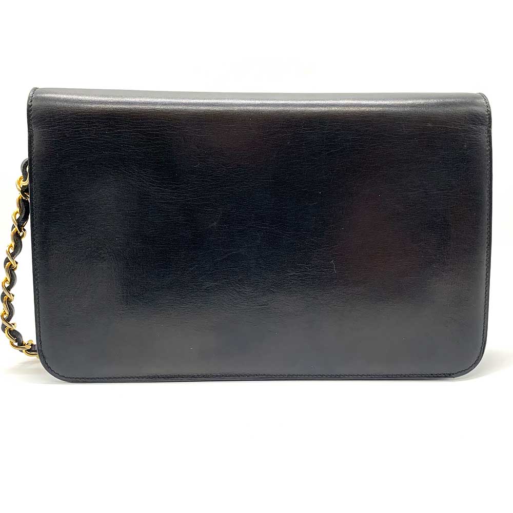 Chanel Leather Chain Shoulder Bag Black Gold Classic Flap