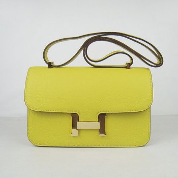 Luxury Hermes Calf Leather Handbag Lemon Yellow Golden