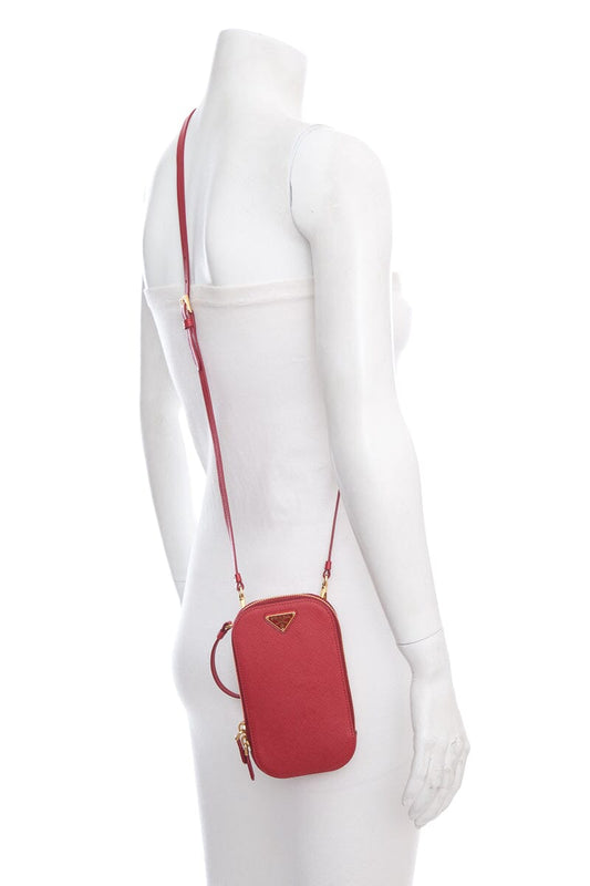 Prada Red Leather Zip Phone Holder Cross-Body Luxury Handbag