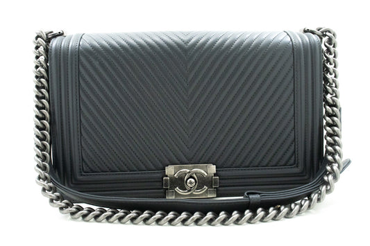 CHANEL Boy Dark Gray V Stitch Chain Shoulder Bag Quilted Flap