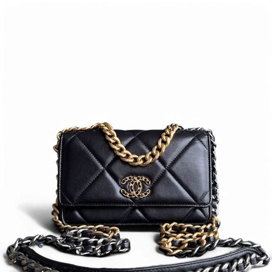 Chanel C19 WOC 19 Bag Wallet On Chain Quilted Lambskin Black Two Tone Gold Hardware Microchip