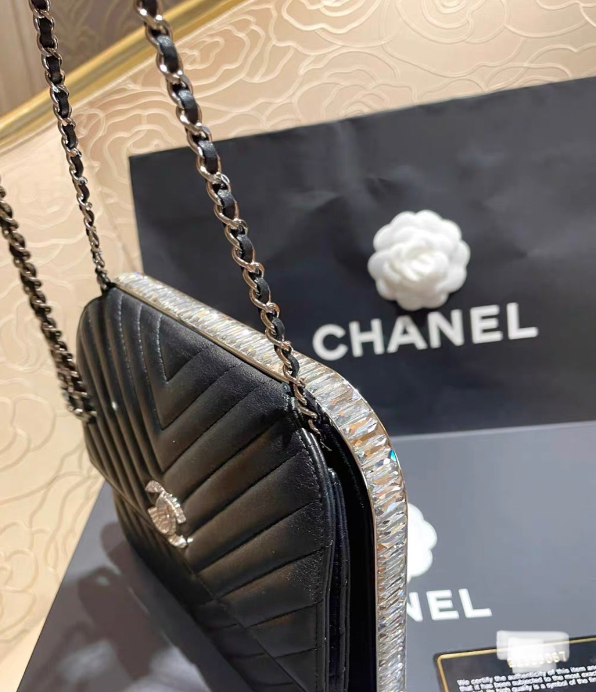 CHANEL 15C PARIS DUBAI CLUTCH ON CHAIN BAGUETTE CRYSTAL BLACK
