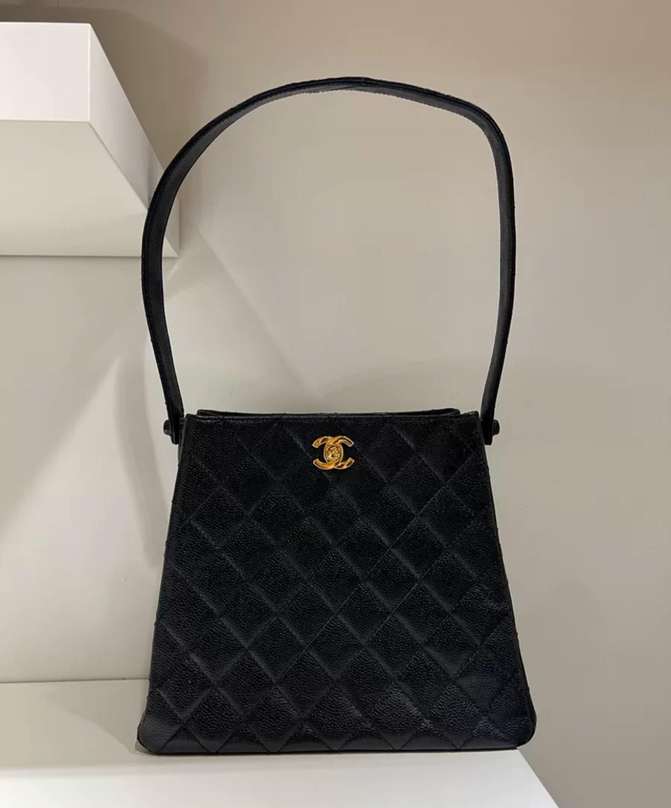 Chanel Double Side Turnlock Shoulder Bag Black Caviar Gold Hardware