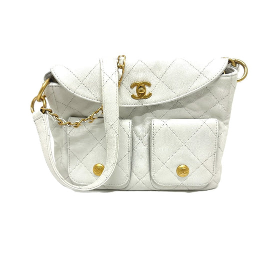 CHANEL Shoulder Bag AS5384B Caviar skin white Matrasse W pocket