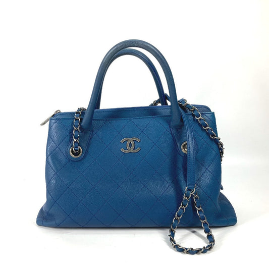 CHANEL Shoulder Bag Caviar skin blue Tote Bag Handbag CC COCO Mark Matelasse Quilting Women