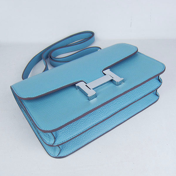 Luxury Hermes calf Leather Message Bag light blue silver