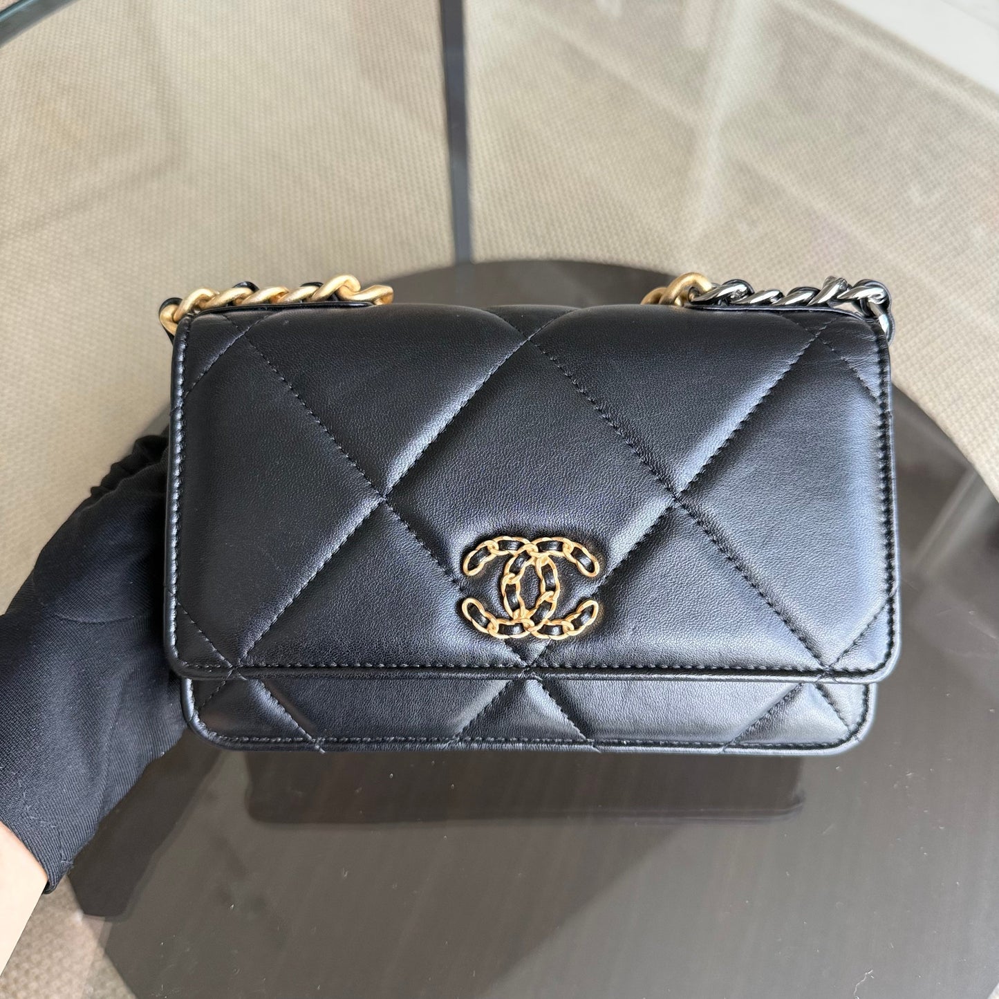 Chanel C19 WOC 19 Bag Wallet On Chain Quilted Lambskin Black Two Tone Gold Hardware Microchip
