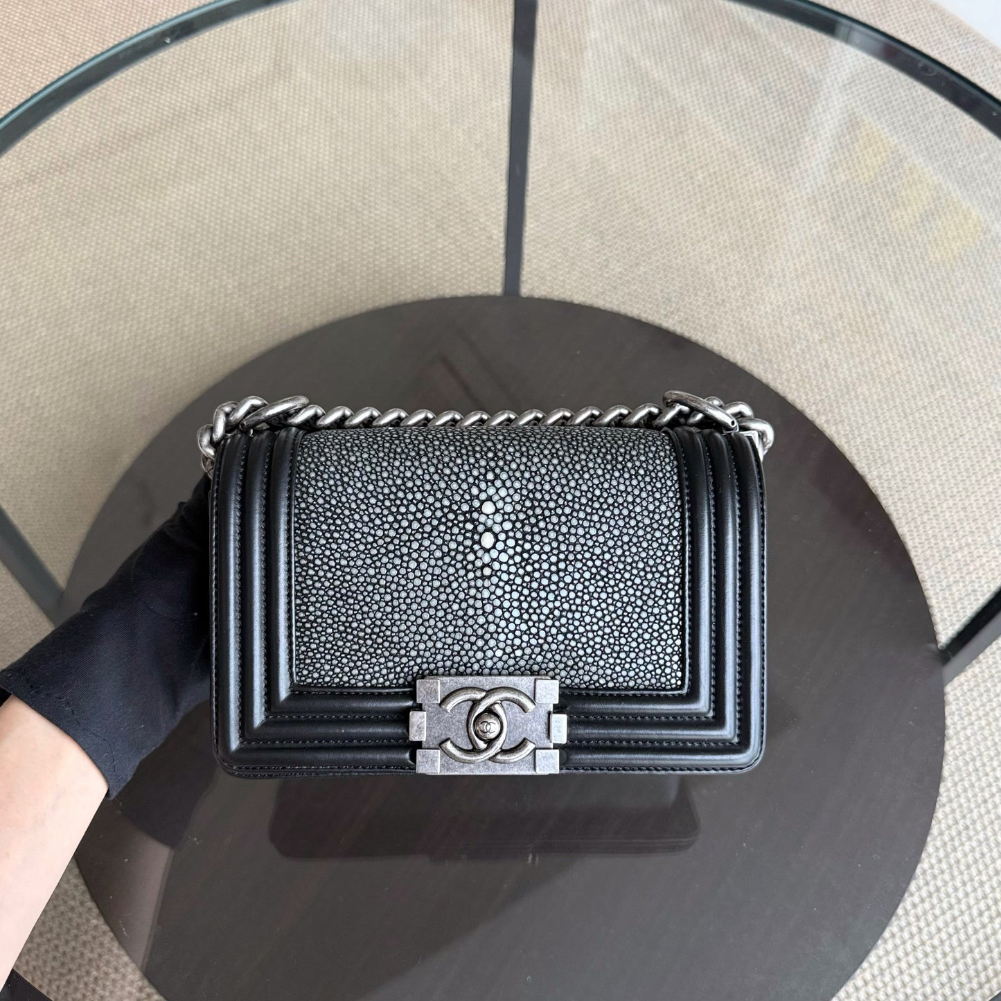 Chanel Boy Small - Small Galuchat Stingray Blue Ruthenium Silver Hardware Series 18