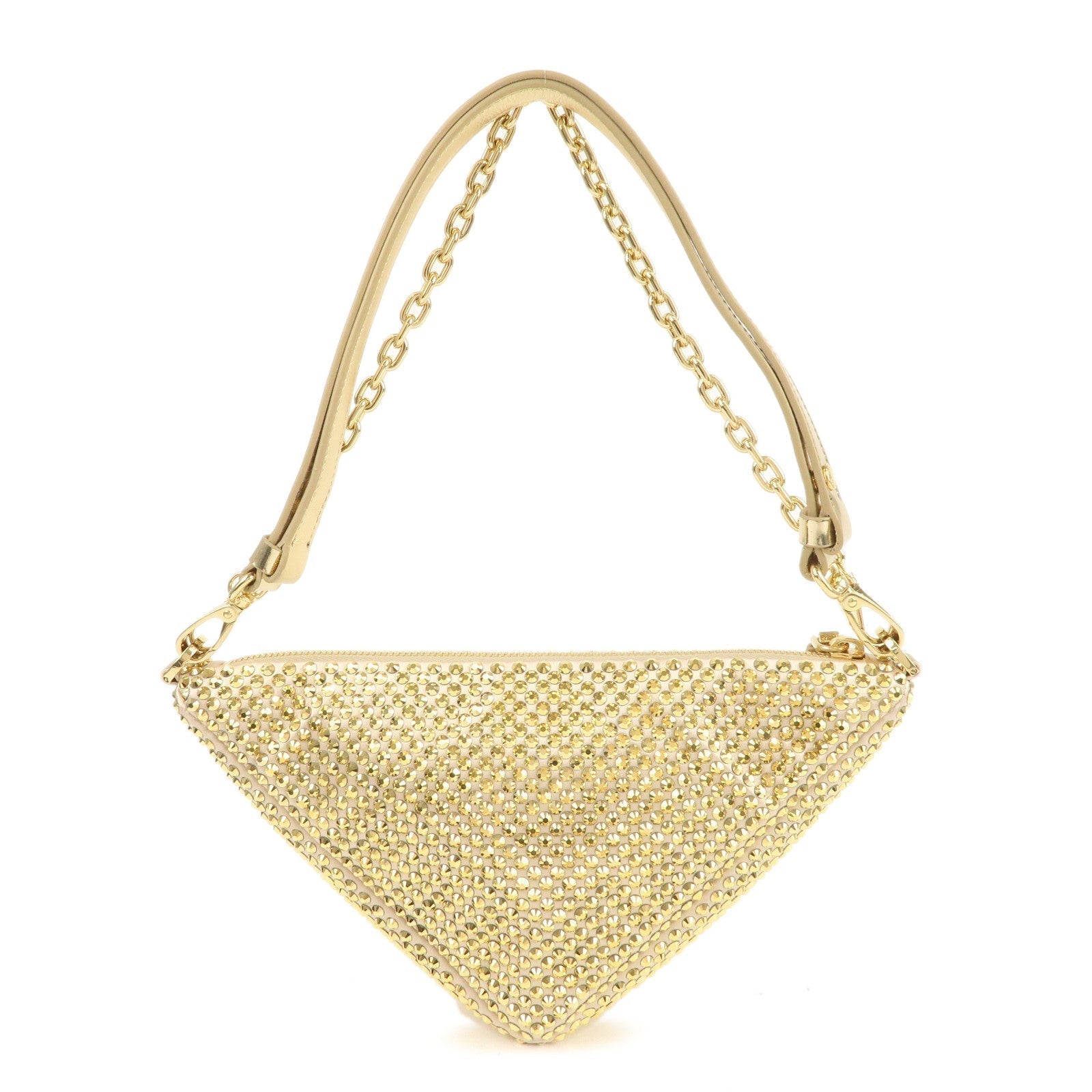 PRADA Triangle Leather Satin Rhine Stone Shoulder Bag Gold