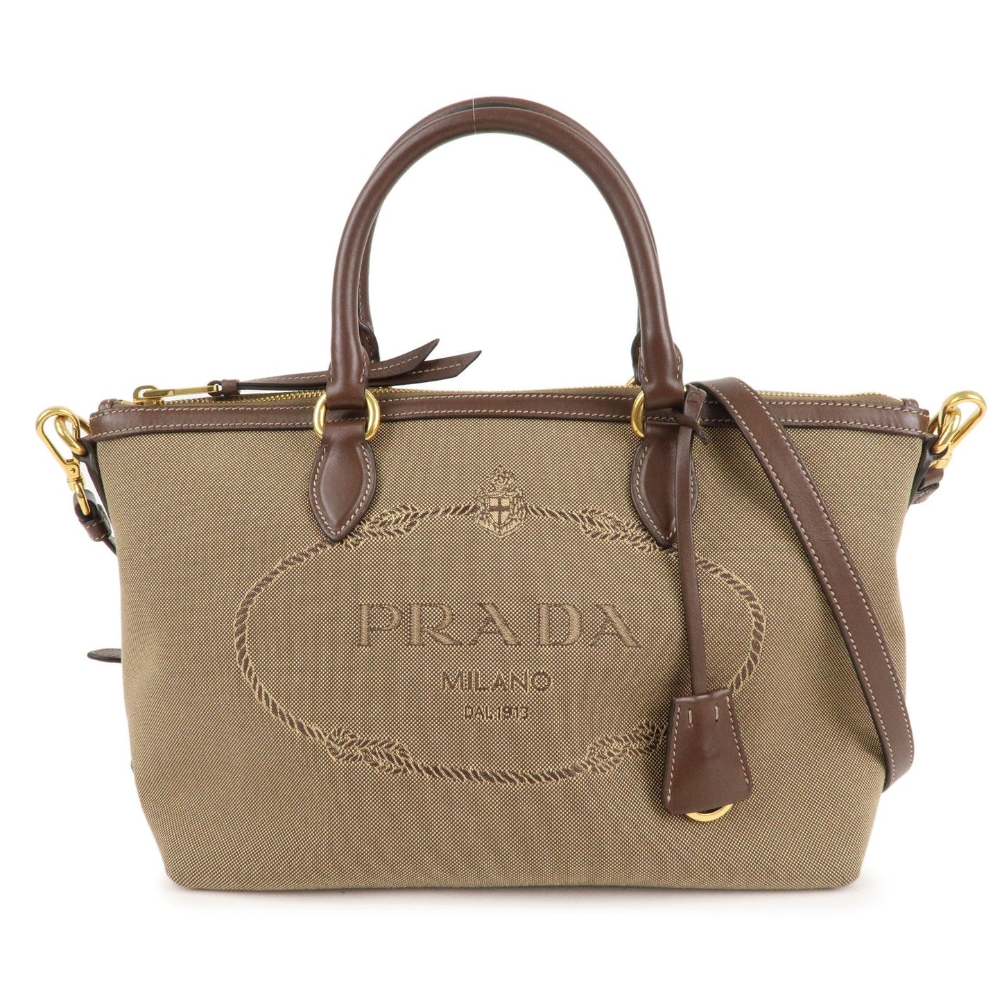 Prada Logo Jacquard Leather 2WAY Shoulder Bag Beige Brown