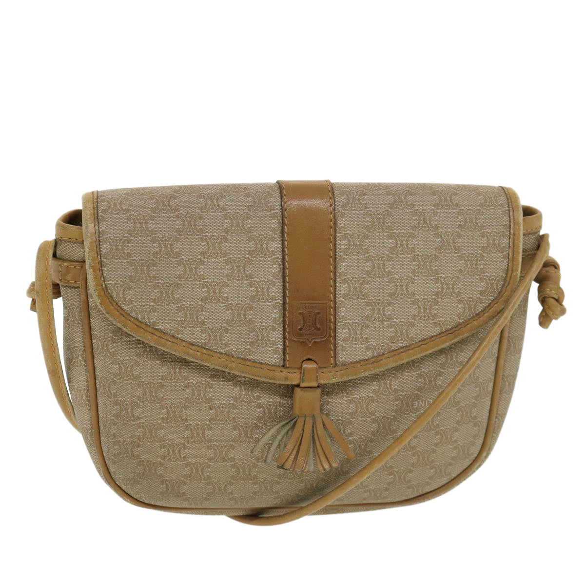 Luxury CELINE Macadam Canvas Shoulder Bag PVC Leather Beige 39182