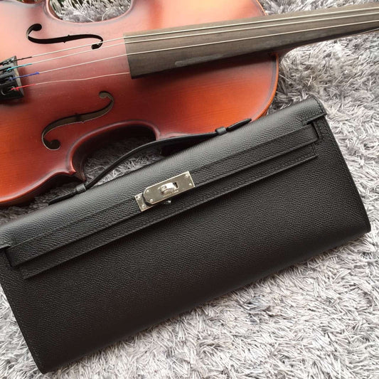 Luxury Hermes Black Handcrafted Kelly Cut Clutch